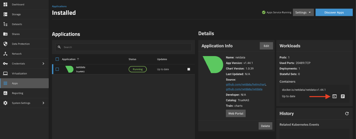 The location of the shell button on TrueNAS Scale Web UI